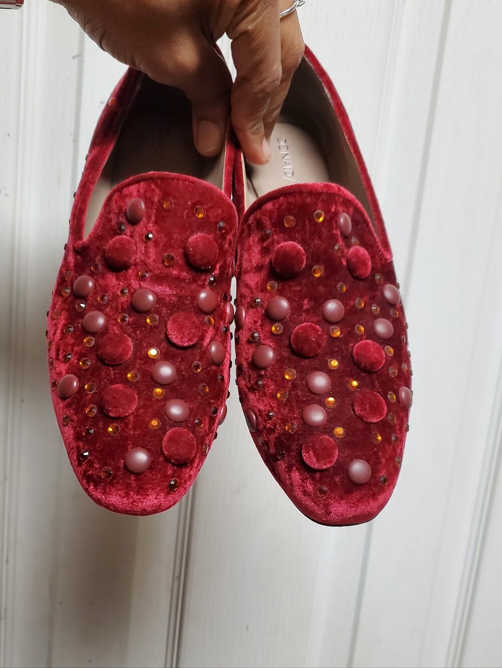 NEW DONALD PLINER Red Velvet Embellished Loafers